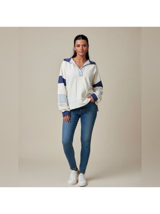BUCKETLIST Sweaters - BUCKETLIST Brand French Terry Colorblock Collared Pullover Nautical